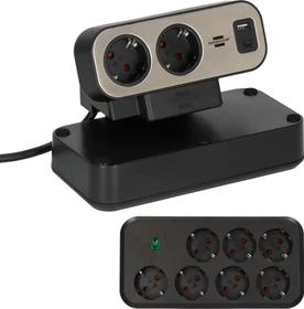 Brennenstuhl estilo Duplex Tischsteckdosenleiste mit Schalter und Überspannungsschutz, 9-fach, 1x USB-A/1x USB-C, 2m, silber/schwarz