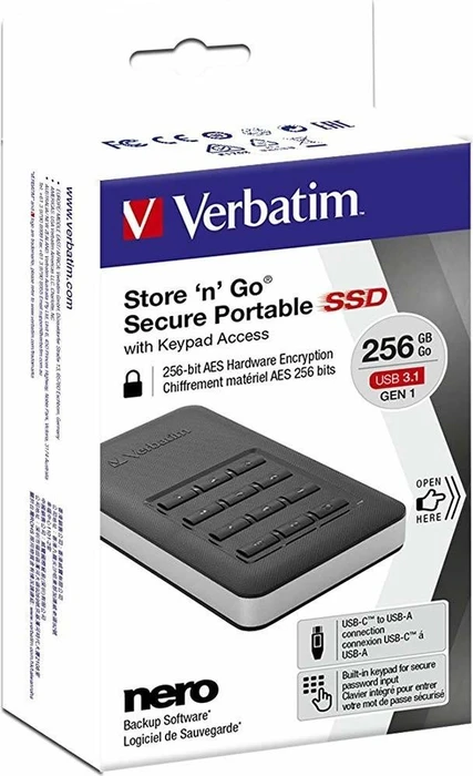 Verbatim Store 'n' Go Secure Portable SSD, 256GB, USB-C 3.0