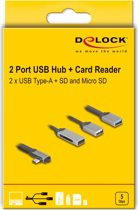 DeLOCK 2 Port USB Hub inklusive Cardreader, USB-C 3.0 [Stecker]