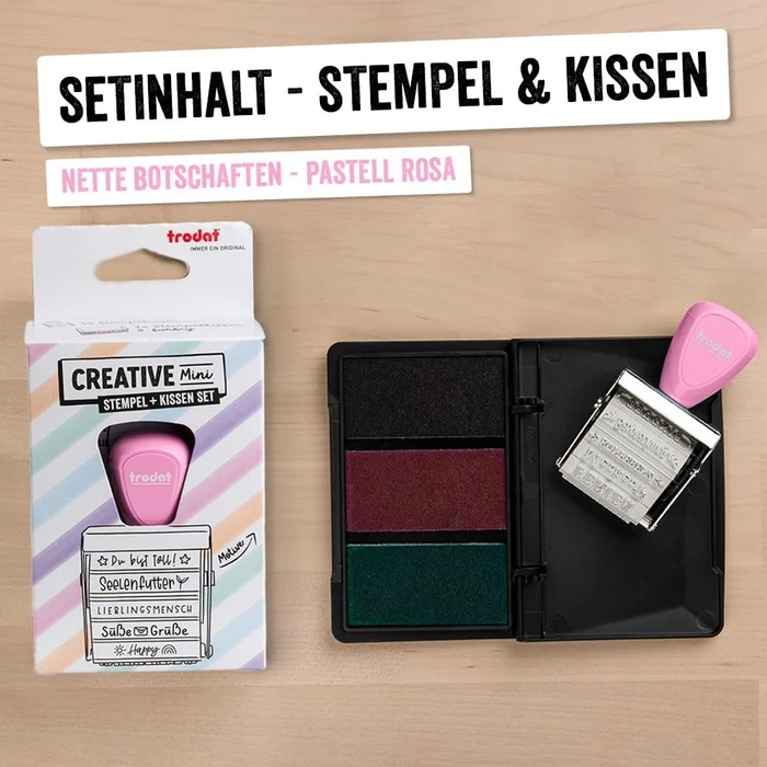 trodat Creative Mini Handstempel mit 12 Abdrucken "Nette Botschaften" inkl. 3-farbigem Kissen, 30x5mm, pastell rosa, 2er-Set