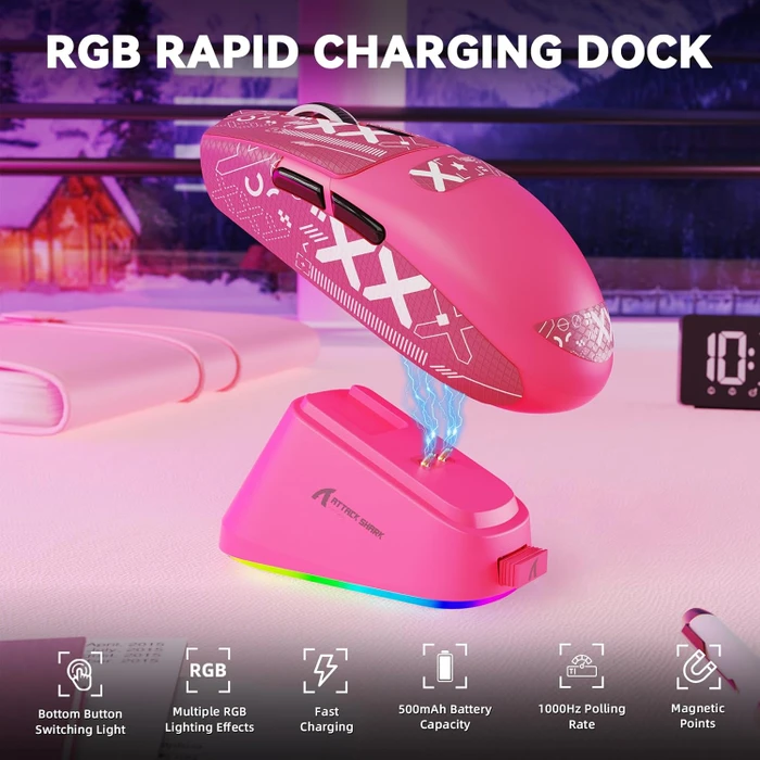 Attack Shark G3Pro Tri-mode Wireless Gaming Mouse mit Ladestation, Berry Red, inkl. Grip Tape, USB/Bluetooth