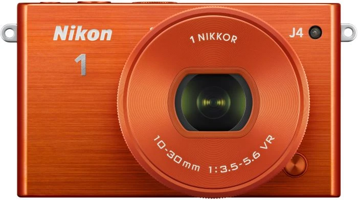 Nikon 1 J4 orange mit Objektiv 1 NIKKOR 10-30mm 3.5-5.6 PD-Zoom VR