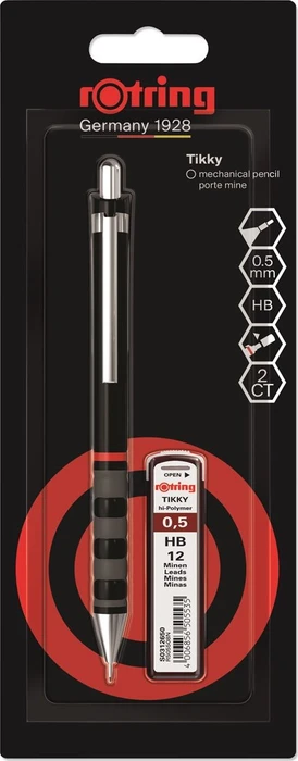rOtring Tikky Druckbleistift HB 0.5mm graphit, schwarz, Blister, Radierer, 12 Minen
