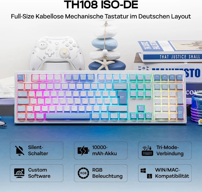 Epomaker TH108 Wireless, Blue White, LEDs RGB, hot-swap, Epomaker Sea Salt, USB/Bluetooth, DE