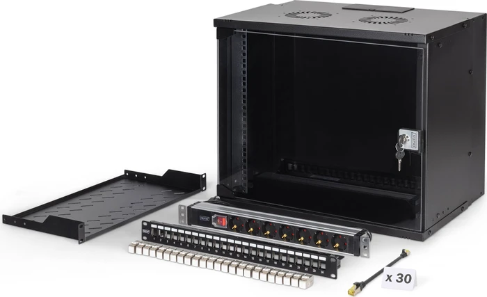 Digitus Professional SoHo Pro Line 19" Wandgehäuse SET 9HE, unmontiert, Sicherheitsglastür, IP20, RAL 9005, 400mm tief