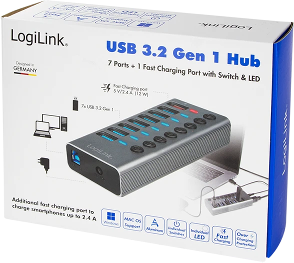 LogiLink USB-Hub mit Ladeanschluss, 7x USB-A 3.0, USB-B 3.0 [Buchse]