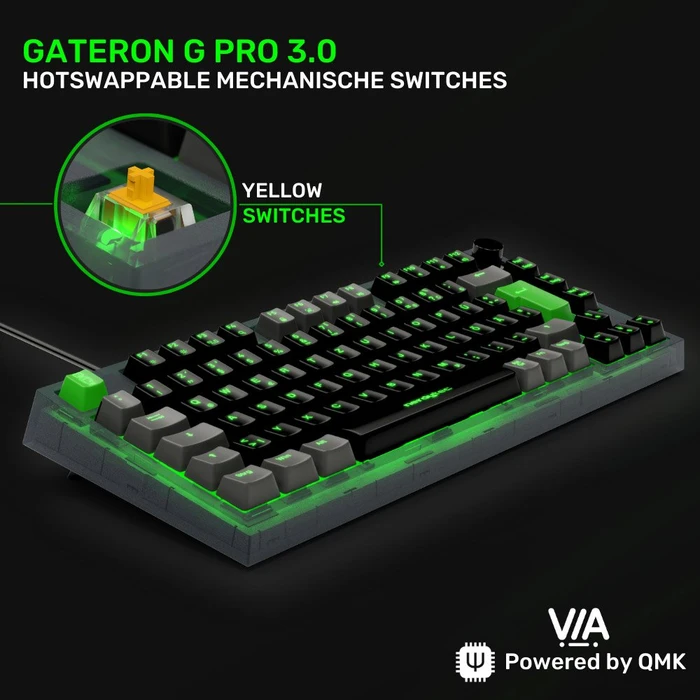nerdytec Cykey QMK/VIA Gaming Keyboard, 75%, schwarz/transluzent, LEDs RGB, hot-swap, Gateron G Pro 3.0 YELLOW, USB, DE
