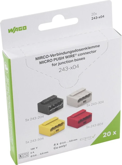 Wago MICRO-Verbindungsdosenklemme für eindrähtige Leiter Ø max. 0,8 mm 4 Leiter Deckelfarbe lichtgrau Umgebungstemperatur max. 60°C 0,80 mm² dunkelgrau