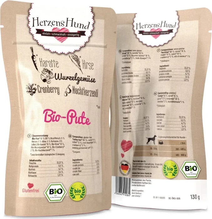 Herzens Hund Bio Pute mit Bio Gemüse, 1.95kg (15x 130g)