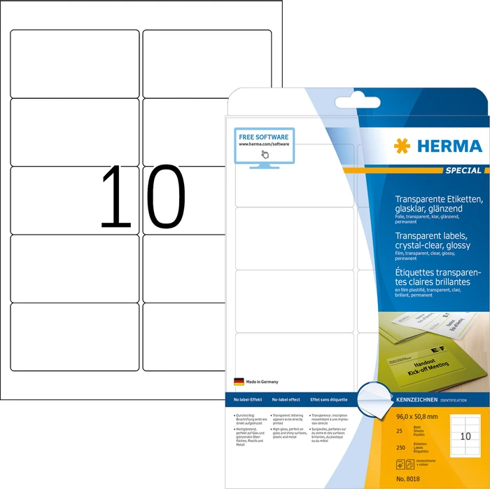 Herma Folienetiketten, 96x50.8mm, wetterfest, transparent, matt, 25 Blatt (250 Etiketten)