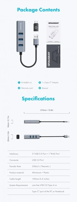 Graugear G-HUB31L-A, LAN-Adapter, USB-Hub, RJ-45, USB-A 3.0 [Stecker]
