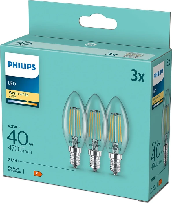 Philips Classic LEDcandle Kerze ND E14 4.3-40W/827 B35 CL, 3 Stück