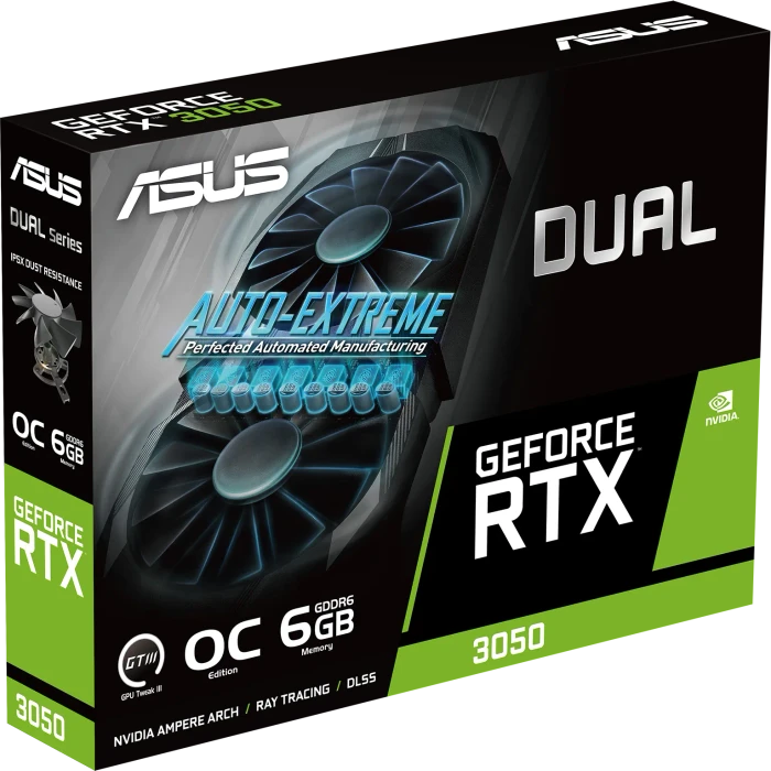 ASUS Dual GeForce RTX 3050 OC, DUAL-RTX3050-O6G, 6GB GDDR6, DVI, HDMI, DP