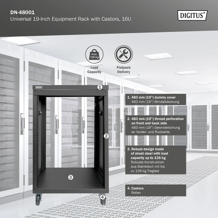 Digitus Audio Video Rack 19" AVS/Equipment Rack 16HE, mit Rollen, unmontiert, RAL 9005, 460mm tief