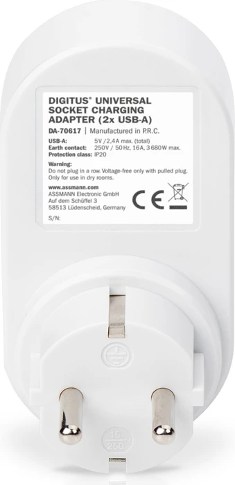 Digitus Universal Steckdosenadapter mit 2x USB-A weiß/grau