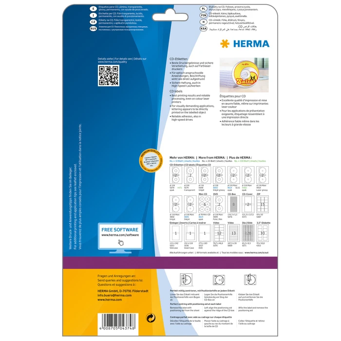 Herma CD-Folienetiketten mit großem Spindelloch, 116mm, transparent, glänzend, 25 Blatt (50 Etiketten)