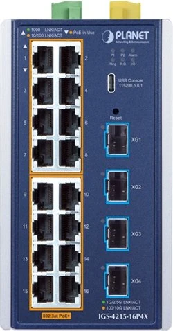Planet IGS-4215 Industrial Railmount Gigabit Managed Switch, 16x RJ-45, 4x SFP+, 360W PoE+