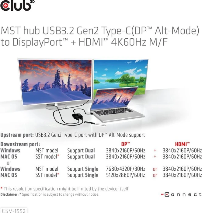 Club 3D MST Hub USB-C 3.2 auf DisplayPort + HDMI 4K60Hz M/F Adapter