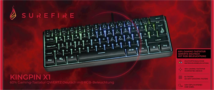 Verbatim SureFire KingPin X1 60% Gaming Keyboard, LEDs RGB, schwarz, USB, US