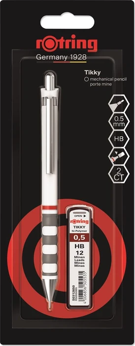 rOtring Tikky Druckbleistift HB 0.5mm graphit, weiß, Blister, Radierer, 12 Minen