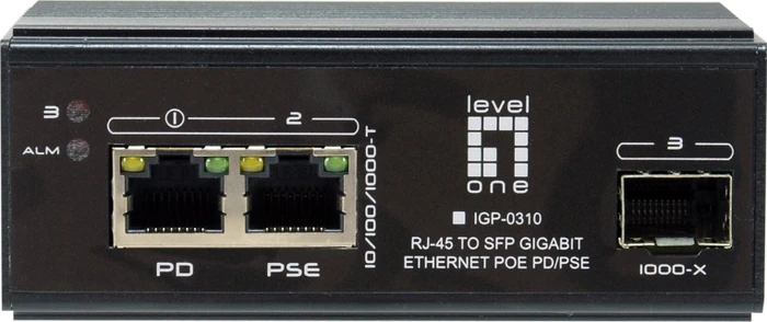 LevelOne IGP Industrial Railmount Gigabit Switch, 2x RJ-45, 1x SFP, 30W PoE+ PD