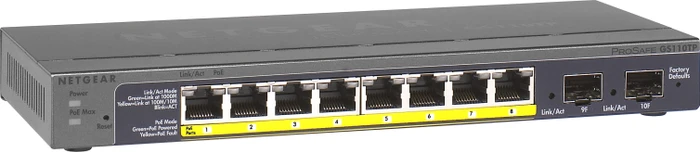 Netgear ProSAFE GS110 Desktop Gigabit Smart Switch, 8x RJ-45, 2x SFP, 46W PoE