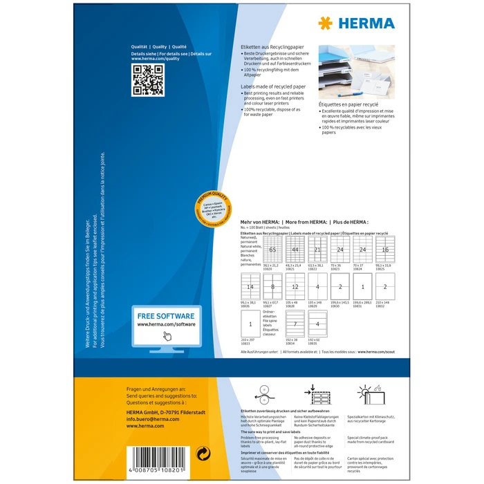 Herma Etiketten Recycling, 38.1x21.2mm, weiß, matt, 100 Blatt (6500 Etiketten)