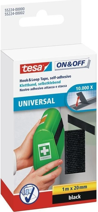 tesa On & Off Klettband schwarz, Klettband, 20mm/1m, 1 Stück