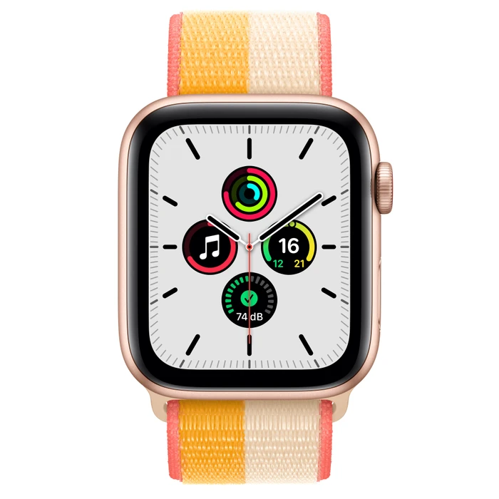 Apple Watch SE (GPS + Cellular) 44mm gold mit Sport Loop indischgelb/weiß