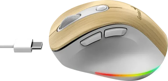 Genius Ergo 9000S Pro Wireless Bluetooth Rechargeable Mini Ergo Silent Mouse, Pine Wood, USB/Bluetooth