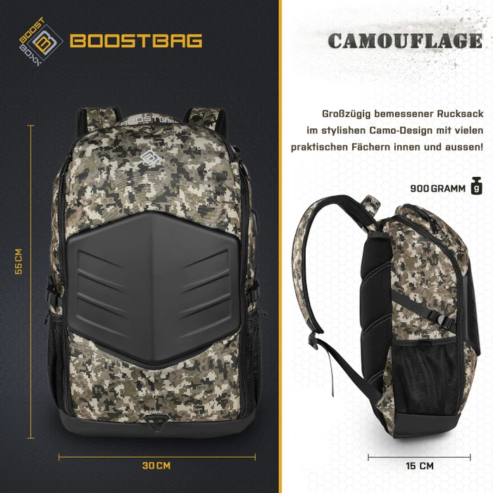 BoostBoxx BoostBag Notebook-Rucksack 17.3", Anti-Theft-Backpack, Camouflage