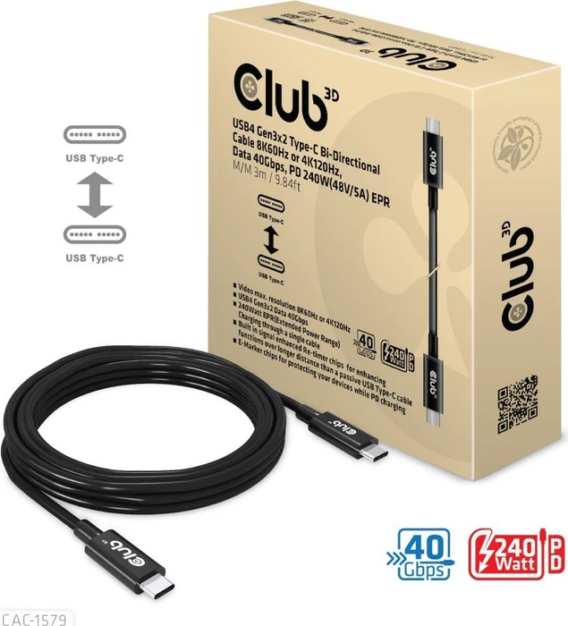 Club 3D USB4 Kabel, 40Gb/s, 240W PD EPR, USB-C Stecker auf USB-C Stecker, 3m, schwarz