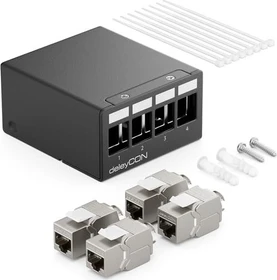 deleyCON Patchpanel Gehäuse für Keystone Module, 1HE, inkl. RJ-45 Cat7 Module, 4-Port, 1HE
