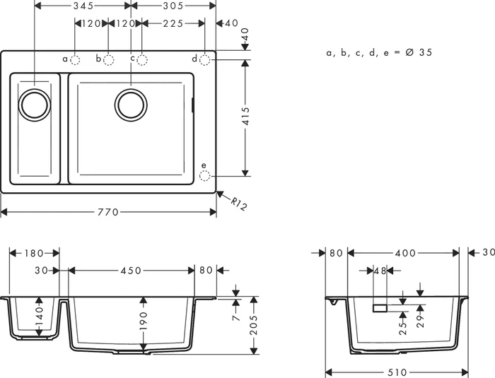 Hansgrohe S51 S510-F635 180/450 Einbau Becken rechts graphitschwarz