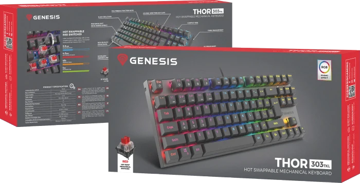 Genesis Thor 303 TKL, schwarz, LEDs RGB, hot-swap, Gaote Outemu BROWN, USB, DE