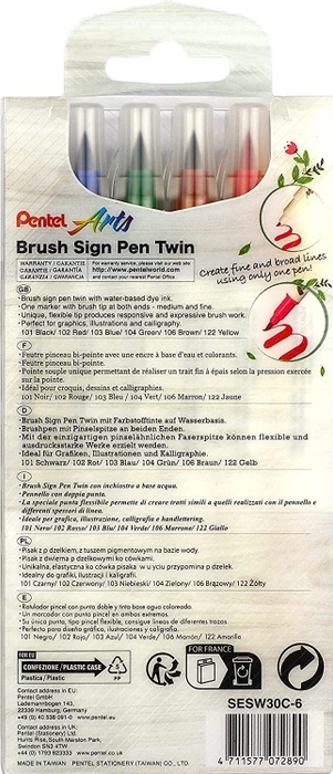 Pentel Brush Sign Pen Twin SESW30C sortiert, 6er-Set