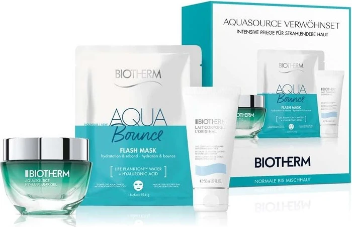 Biotherm Aquasource Hyalu Plump Spring Gesichtsgel 50ml + Body Lotion 50ml + Tuchmaske 31g Geschenkset