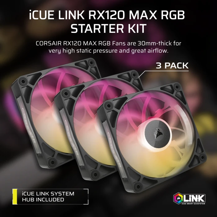 Corsair iCUE LINK RX120 Max RGB Starter Kit, schwarz, LED-Steuerung, 120mm, 3er-Pack
