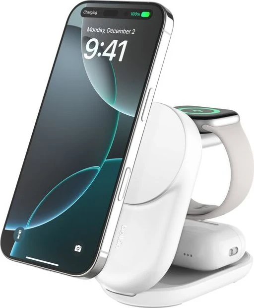 Belkin UltraCharge faltbare magnetische 3-in-1-Ladestation mit Qi2 (25W) rund weiß