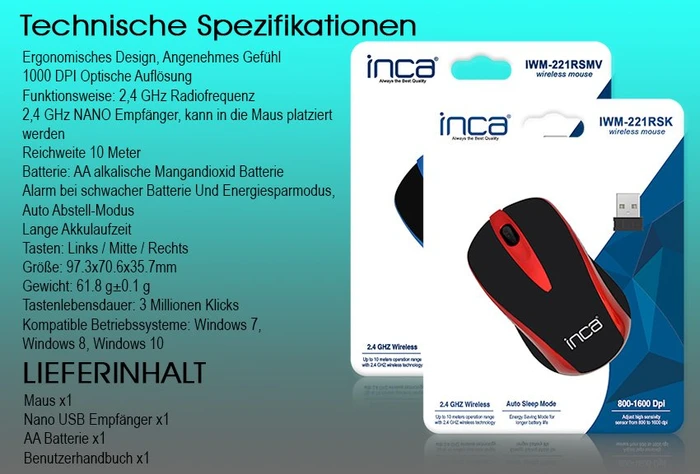 Inca IWM-221RSK Wireless Mouse schwarz/rot, USB