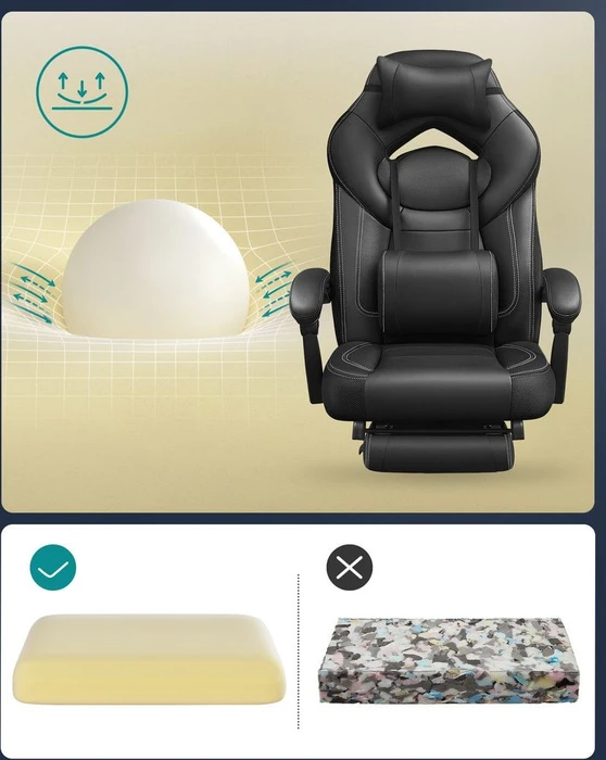 Songmics Gamingstuhl mit Fußstütze und Kopfstütze, schwarz