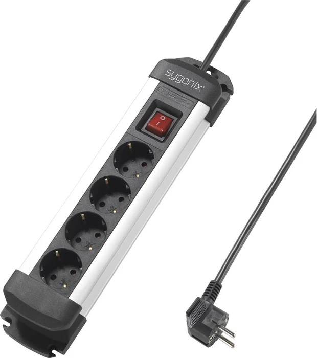 Sygonix Steckdosenleiste mit Schalter, 4-fach, 1.4m, schwarz/silber
