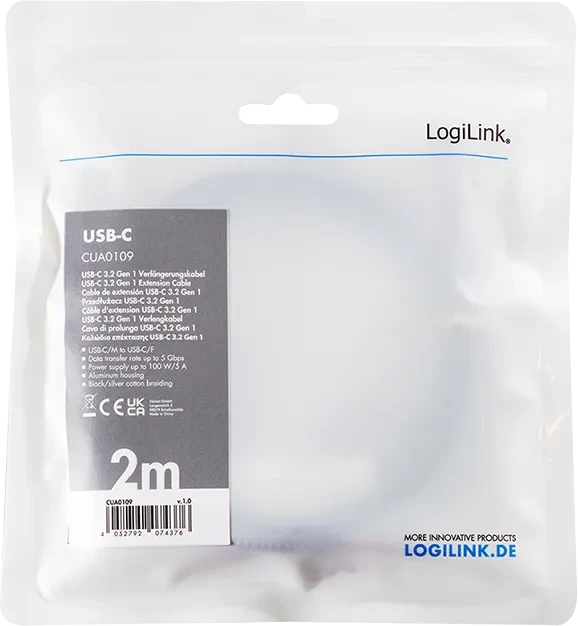 LogiLink USB-C Verlängerung, USB 3.0, 10Gb/s, USB-C 3.0 [Stecker] auf USB-C 3.0 [Buchse], Verlängerungskabel C/C, 2m, schwarz