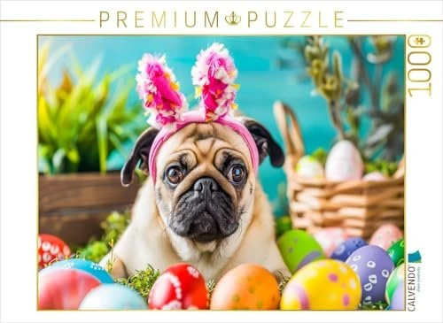 Calvendo Mops als Osterhase zwischen bunten Ostereiern