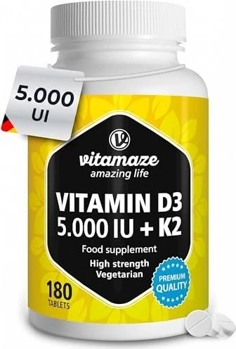 Vitamaze Vitamin D3 5.000 IE + K2 100µg hochdosiert Tabletten, 180 Stück