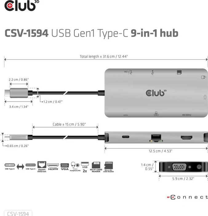 Club 3D 9-in-1 Hub, USB-C 3.0 [Stecker]