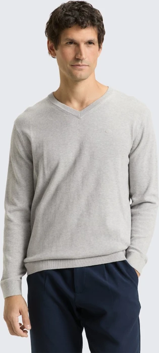 Tom Tailor Strickpullover mit V-Ausschnitt aus Baumwolle Strickpullover light soft grey melange (Herren)