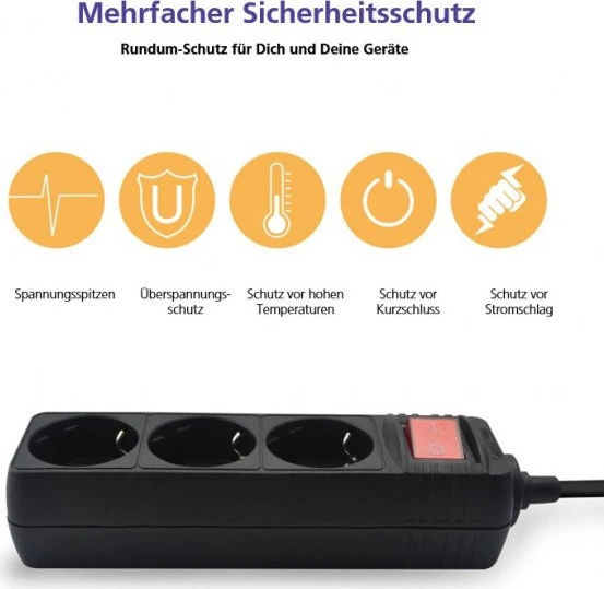Helos CLASSIC Steckdosenleiste mit Schalter, 3-fach, 1.5m, schwarz
