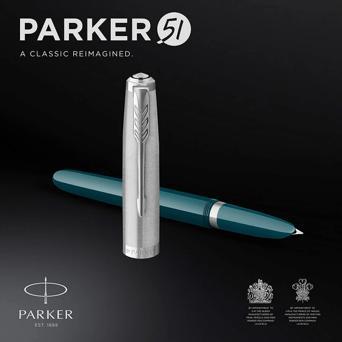 Parker 51 teal blue resin/chrome trim, rechte Hand, fein, Geschenkbox