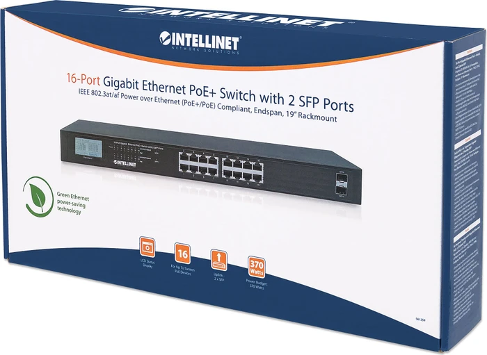 Intellinet Rackmount Gigabit Switch, 16x RJ-45, 2x SFP, 370W PoE+